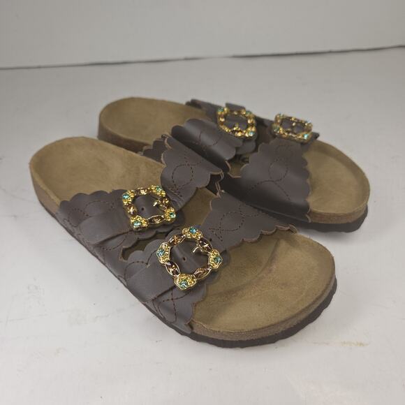 Betula Birkenstock Goldish Women 6.5 Gold Leather Sandals Lagenlook Cottagecore - Picture 2 of 7